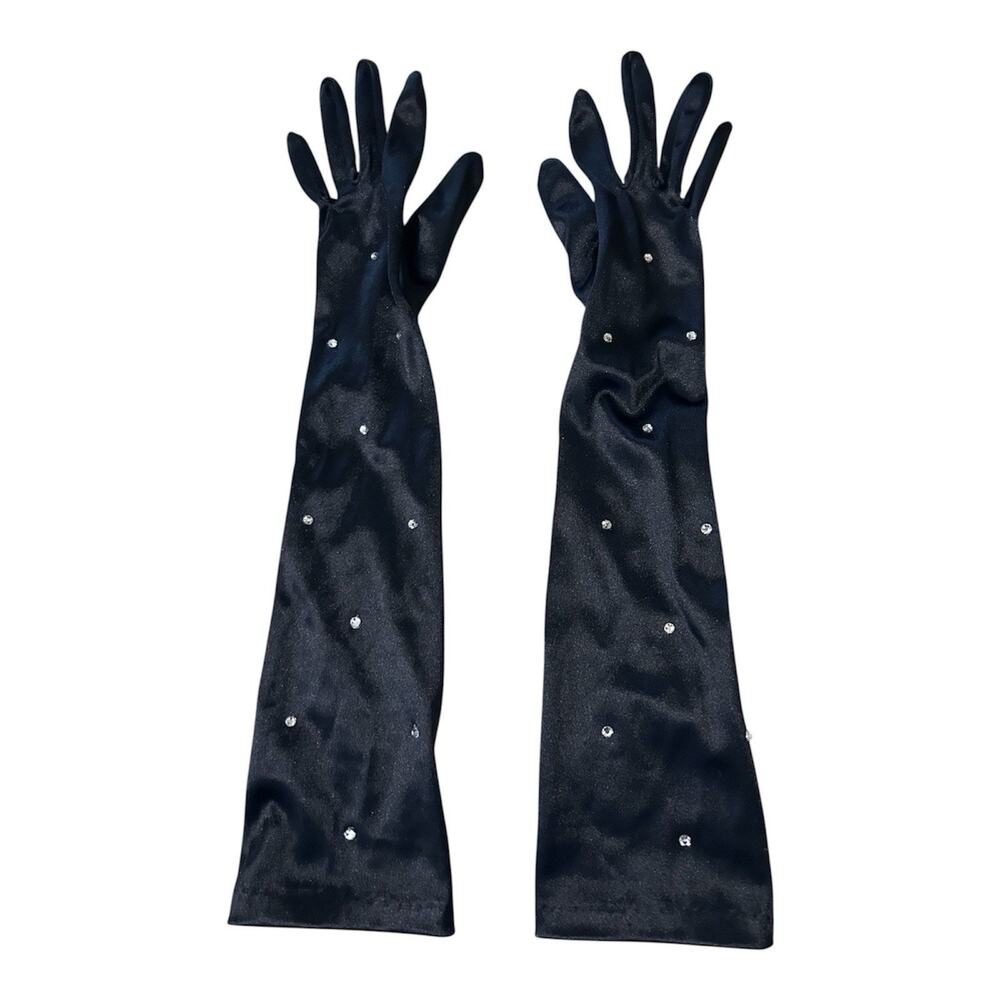 Long Opera Gloves Black Solid With Rhinestones Formal Classic Size OS Dressy